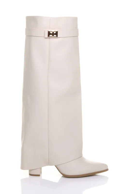 High Block Heel Pointed Toe Fold Over Knee Boots - AJVANI