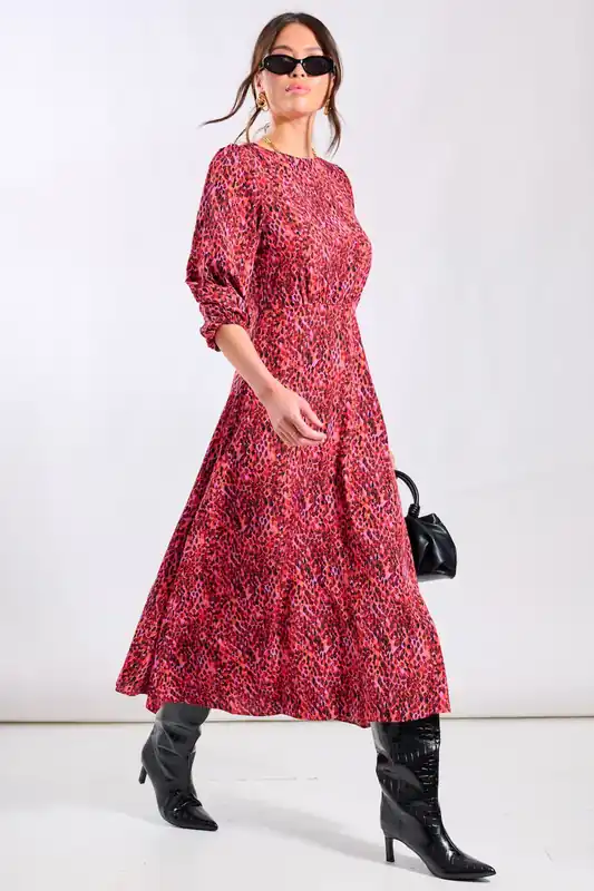 Red Animal 3/4 Sleeve Midi Dress - Needs No Label
