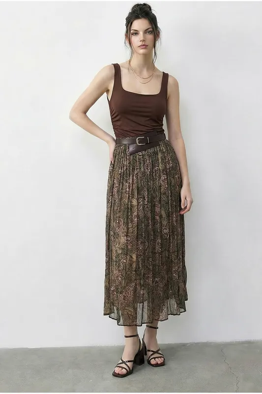High Waist Paisley Maxi Skirt with Belt - Bianco Lucci