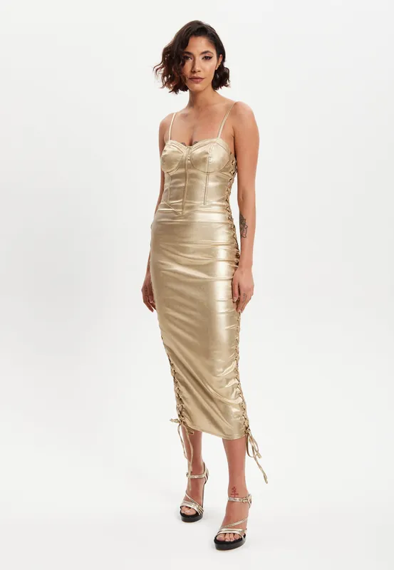 Metallic Foil Gold Lycra Eyelet Dress - Liquorish