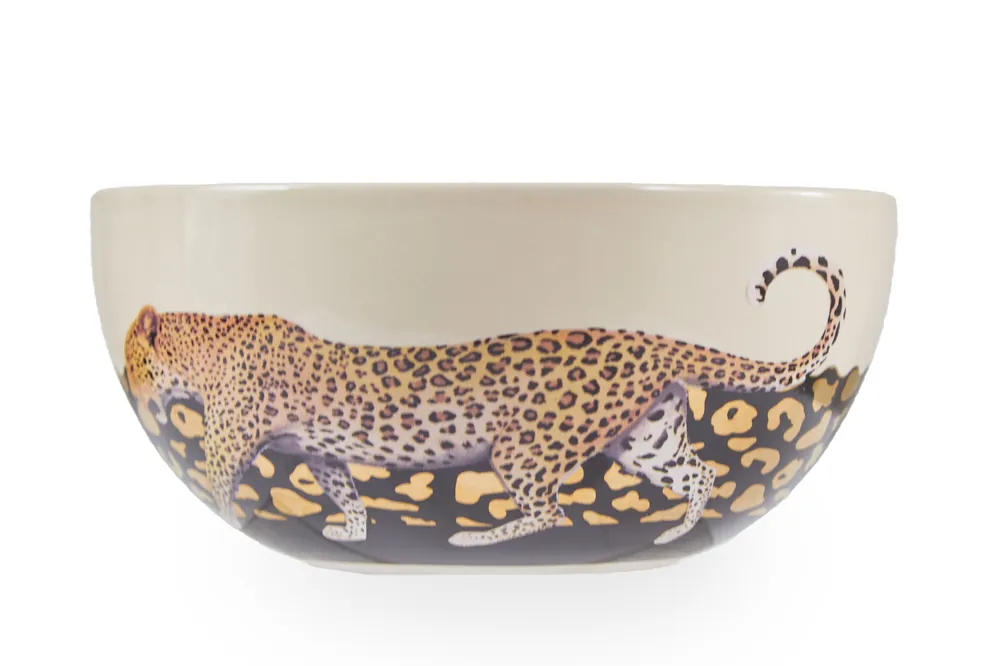 Stoneware Large Salad Bowl With Intricate Leopard Print,White Bowl With Black & Gold Details|Ideal For Soups - Orsina