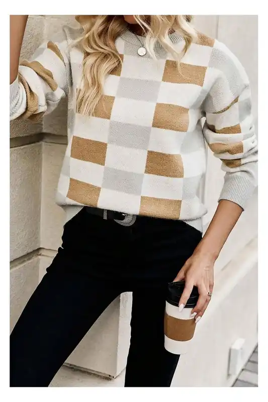 Khaki Checkered Ribbed Edge O Neck Drop Shoulder Sweater - Everyday The Label
