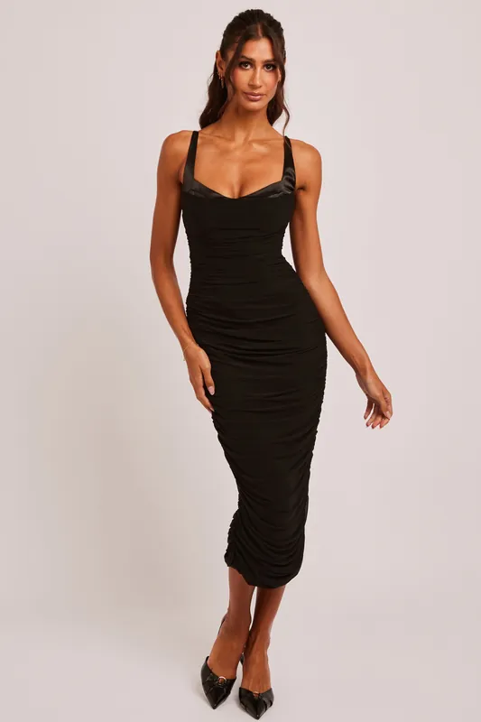 Rissy Stretch Mesh Black Corset Satin Bustier Midi Dress - Jaded Rose