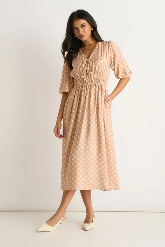 Oatmeal Spot Print Shirred Waist Shift Midi Dress - Gini London