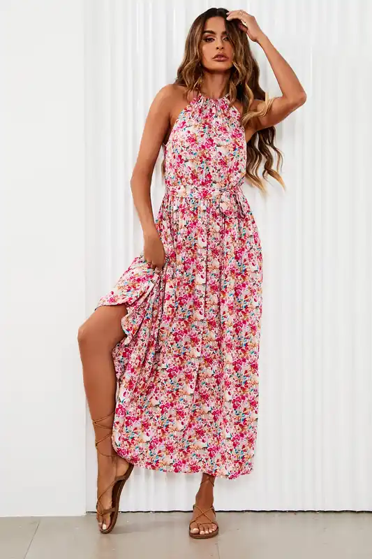 Floral Tie Halterneck Maxi Dress In Pink - FS Collection