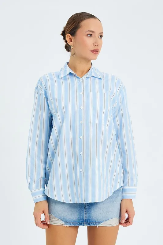 Loose Fit Striped Poplin Shirt with Button Closure - MixRay