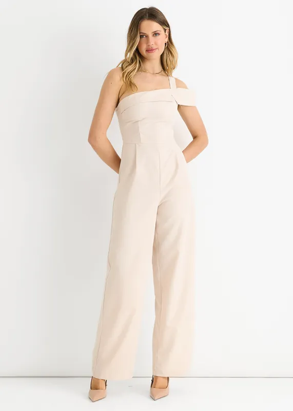 Cream Woven One Shoulder Wide Leg Jumpsuit - Gini London