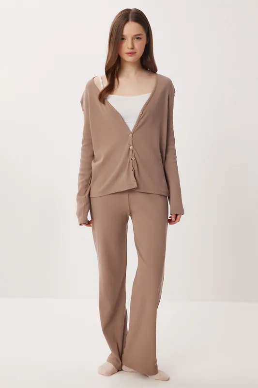 V-neck Buttoned Long Cardigan and Pants Pajama Set
