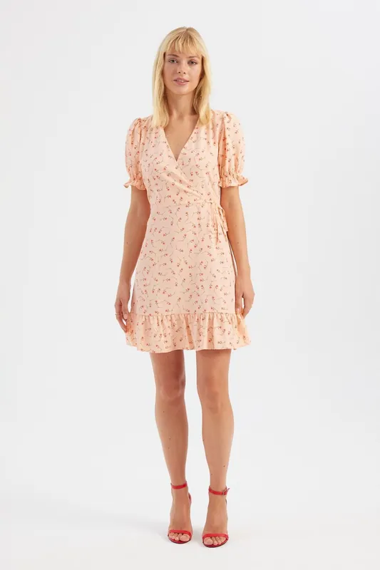 Floral V Neck Ruffled Short Sleeve Mini Dress - Hiccup