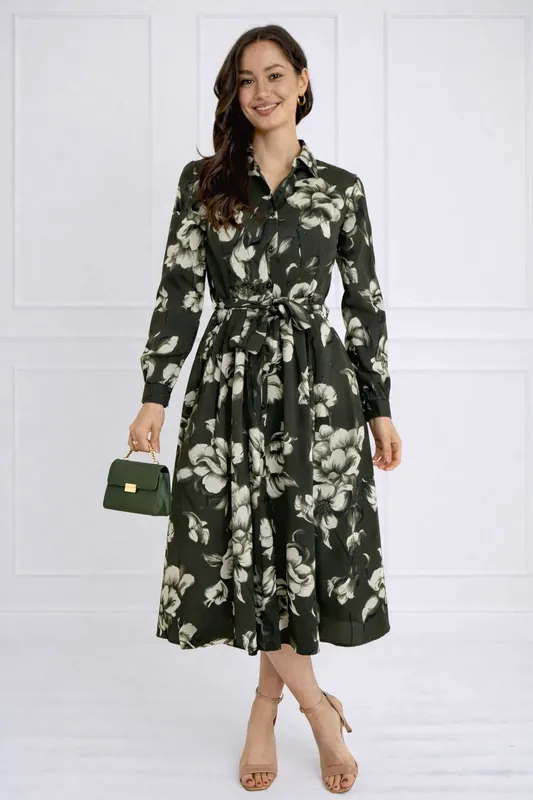 Green Botanical Print Belted Midi Shirt Dress - Love Sunshine