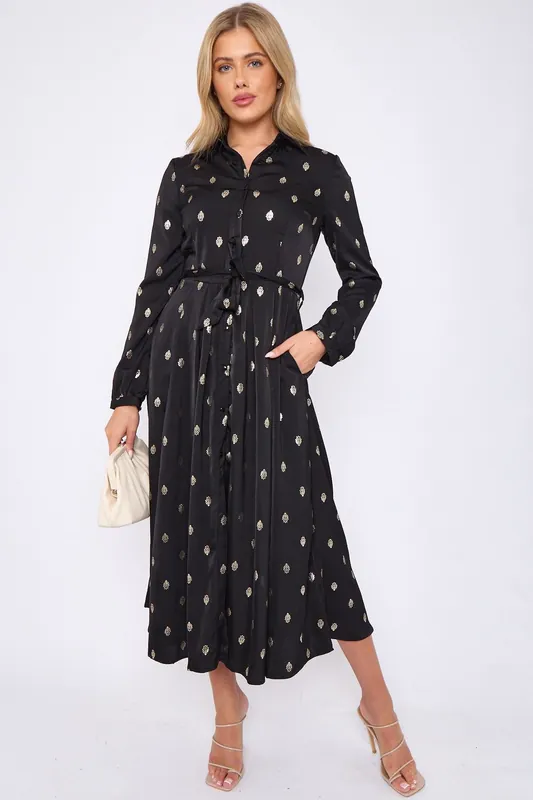Gold Foil Pattern Print Black Midaxi Shirt Dress - Love Sunshine