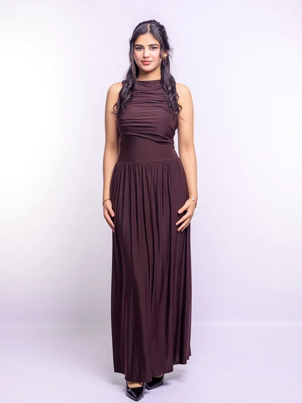 BROWN DRAPED BODICE JERSEY FLOWY SKIRT STYLE EVENING DRESS - AVINCI