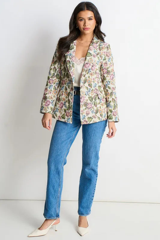 Beige Floral Jacquard Tailored Jacket - Gini London
