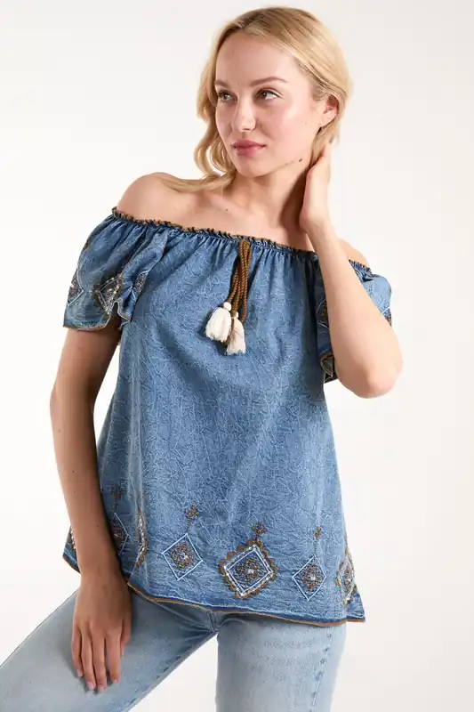 Denim Embroidered Bardot Top - Blue Vanilla