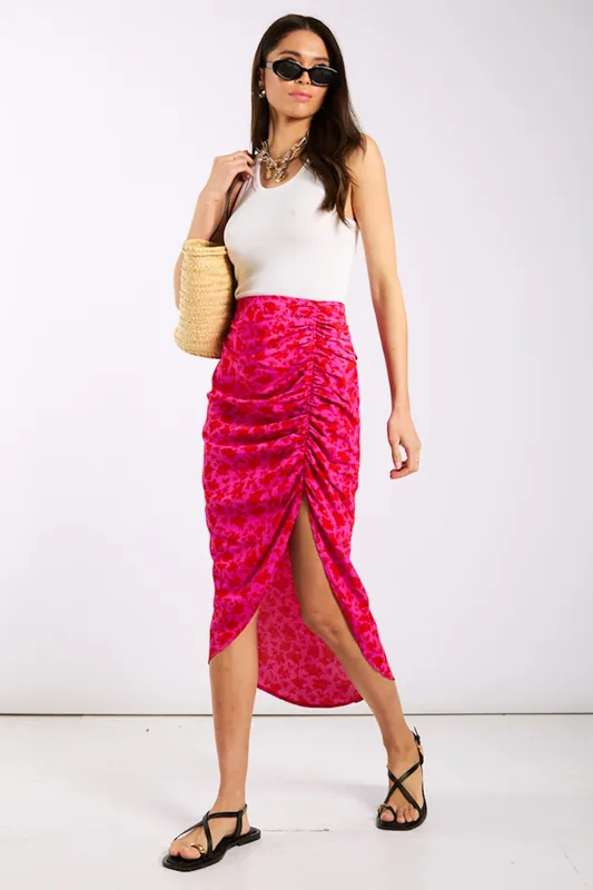 Pink Floral Ruche Side Midi Skirt - Needs No Label