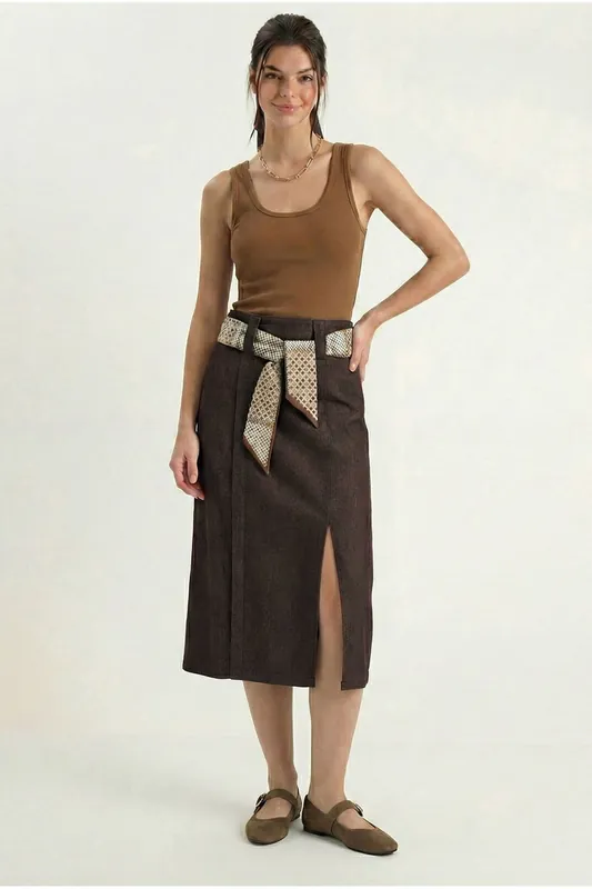 High Waist Midi Skirt with Slit - Bianco Lucci