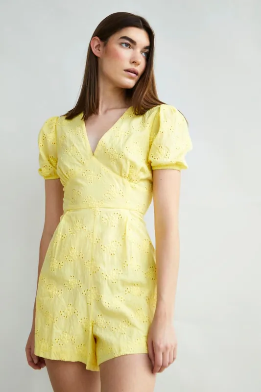 V-Neck Playsuit with Puff Sleeves