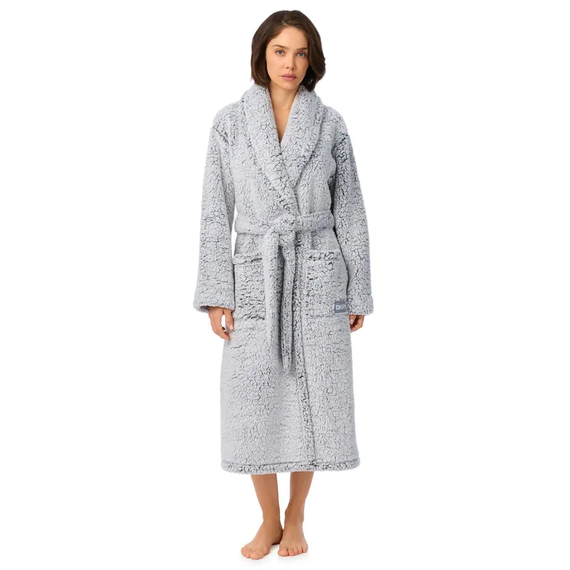 122cm Long Sleeve Shawl Collar Robe in Light Graphite Frosted Sherpa - DKNY