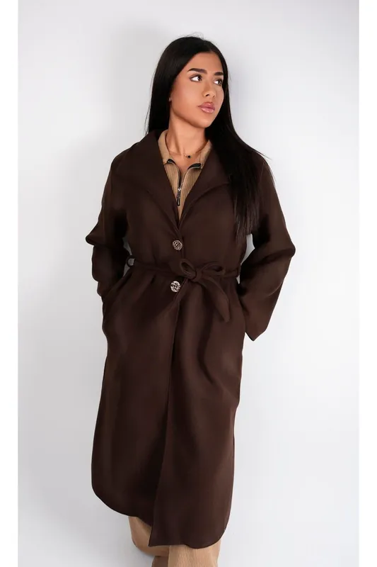 Marelle Belted Longline Coat With Button Detail - IKRUSH