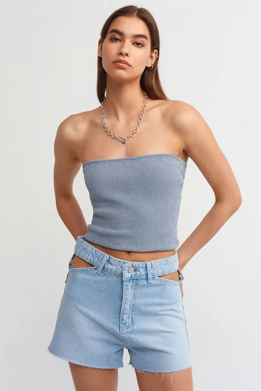 High-Waist Cotton Denim Mom Shorts With Cut-Out Detail