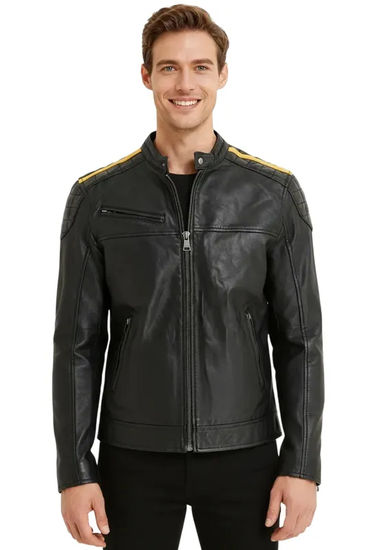 Classic Quilted Yellow Strip Leather Biker Jacket - Velocity