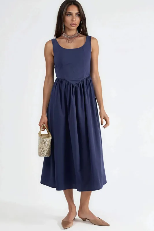 Square Collar Midi Dress with Bow Detail - Busem