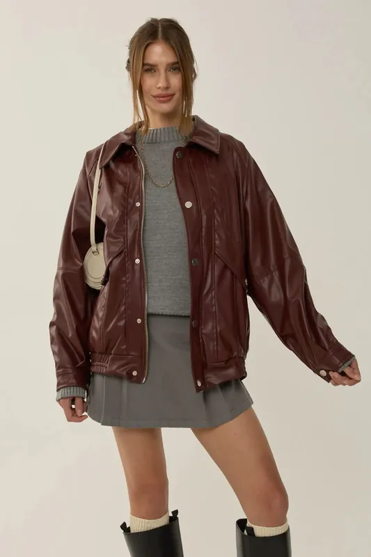 Oversized Faux Leather Snap-Front Jacket