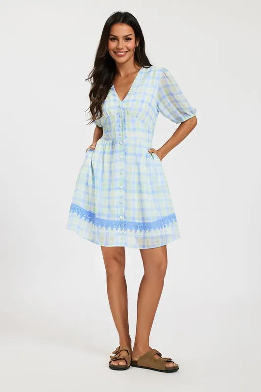 Gingham Mini Dress With Lace Trim In Green - FS Collection