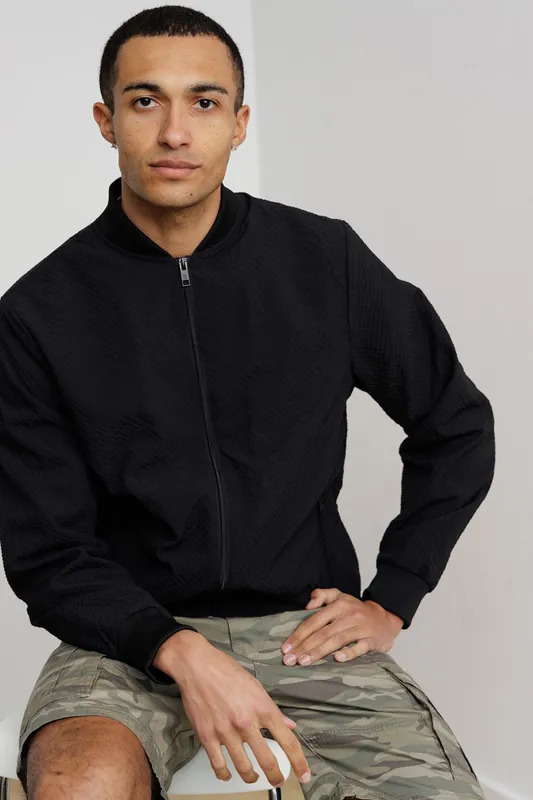 Seersucker Bomber Jacket with Zip-Up and Side Pockets