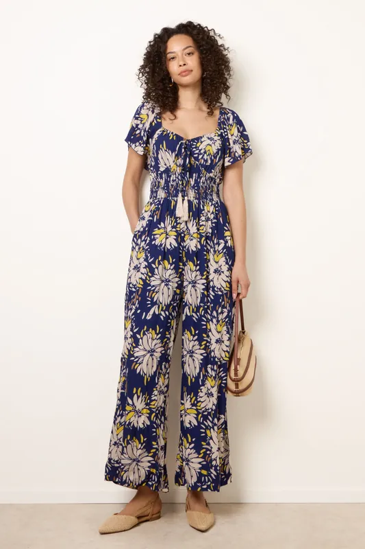 Navy Shirred Waist Wide Leg Jumpsuit - Blue Vanilla