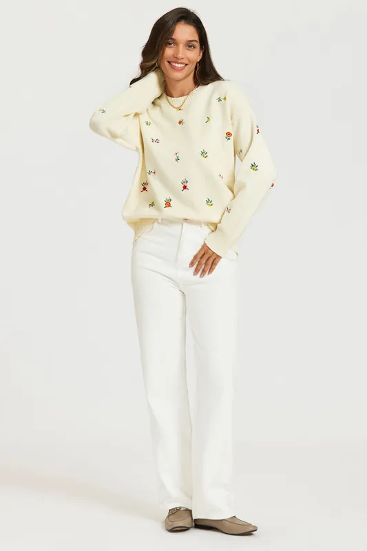 Embroidered Floral Knit Jumper Top In Cream - FS Collection