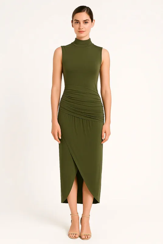Khaki Ruched Slim Fit Jersey Sleeveless Midi Dress - AVINCI
