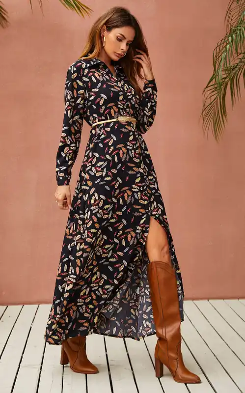 Leaf Print Black Shirt Dress With Tie Waist and Free Gold Stretch Leaf Belt - FS Collection