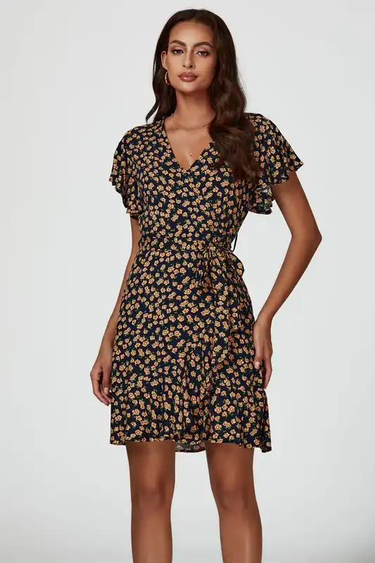 Floral Print Wrap Top Dress In Navy - FS Collection