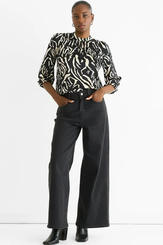 Black Animal High Neck Satin Blouse - Gini London