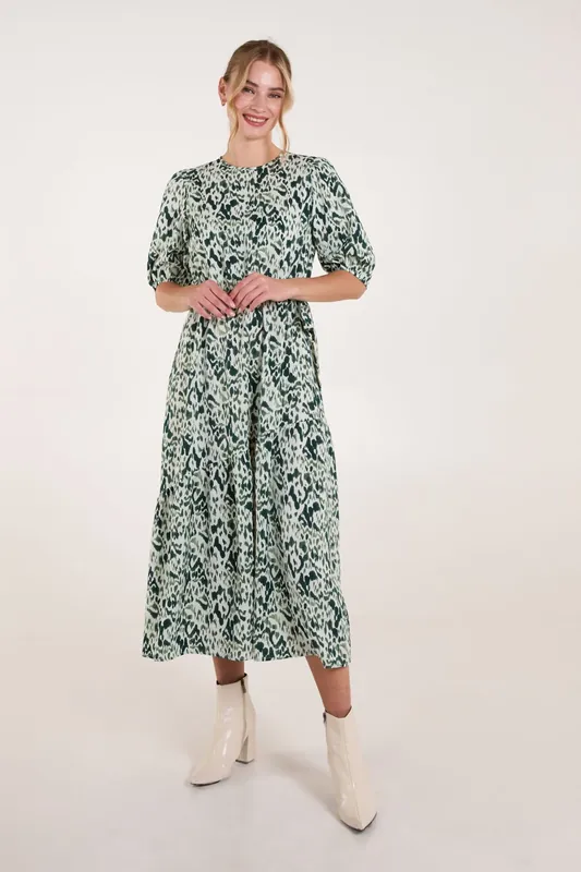 Abstract Elasticated Tie Waist Midi Dress - Blue Vanilla