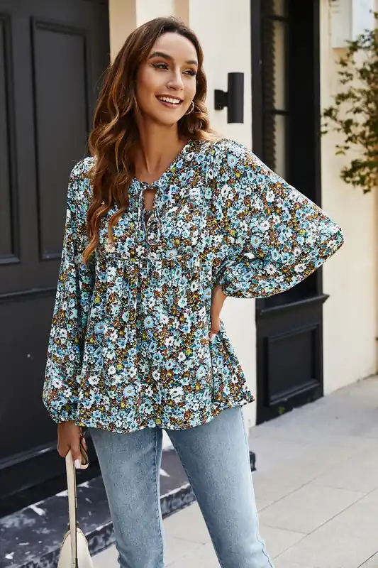 Floral Print long sleeve Blouse Top In Blue - FS Collection