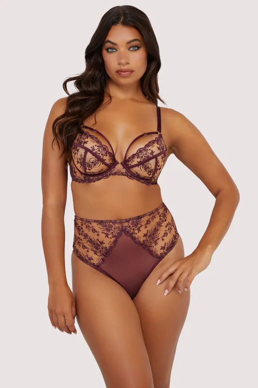 Cassia Wine Custom Embroidery High Waisted Thong - Playful Promises