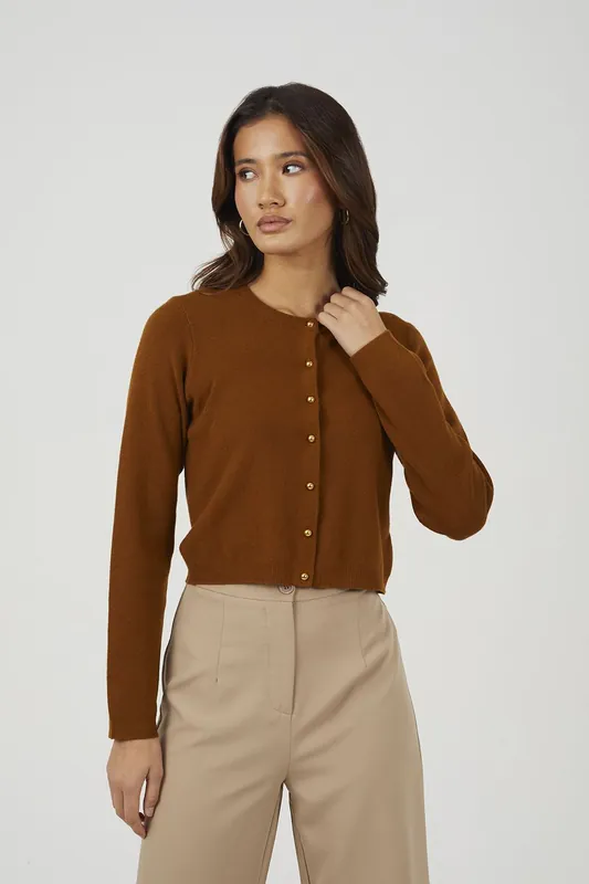 Crew Neck Cardigan With Gold Shank Buttons - Brave Soul