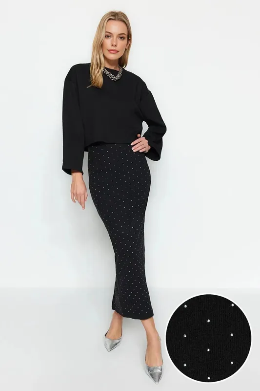 Embellished Knit Maxi Skirt with Stone Detail - WOVCOR