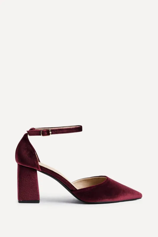 Glam Burgundy Velvet Pointed Block Heel Courts - Linzi