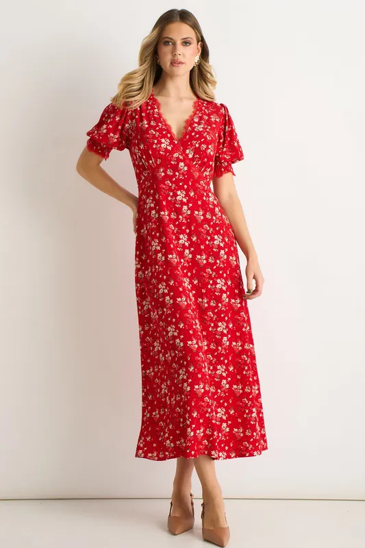 Red Viscose Lace Trim Midi Dress - Gini London