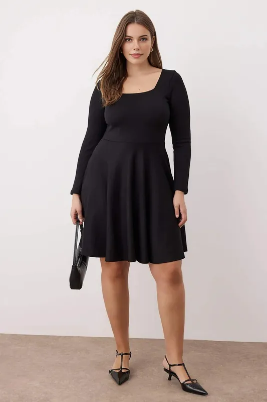 Square Neck Long Sleeve Skater Mini Dress - WOVCOR