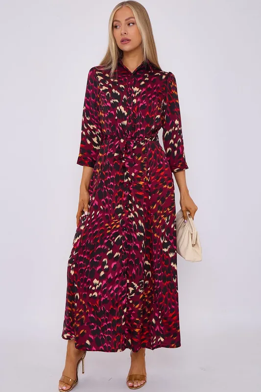 Deep Fuchsia Leopard Print Satin Maxi Shirt Dress - Love Sunshine
