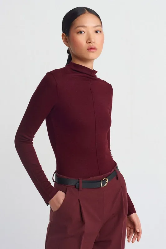 Ribbed Turtleneck Long-Sleeve Blouse