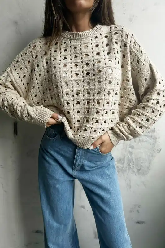 Crew Neck Crochet Sweater - Hiccup