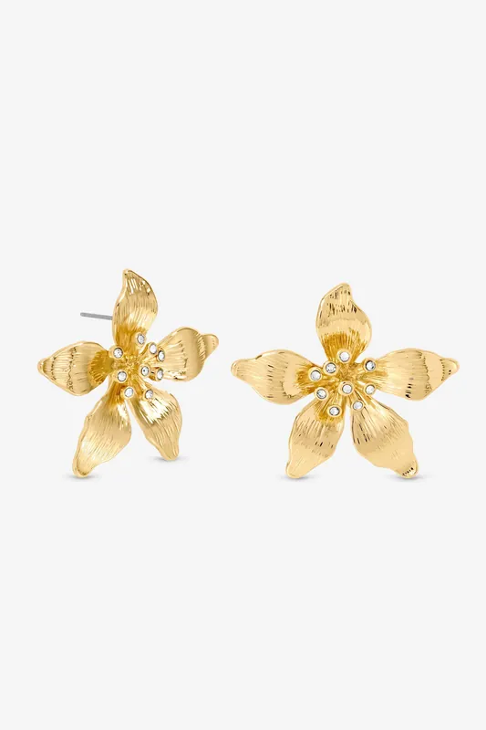 Gold Polished Statement Floral Earrings - Mood
