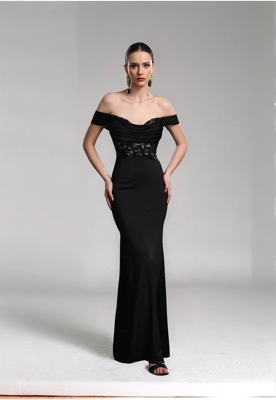 Black Lace Off Shoulder Maxi Dress - Divine Grace