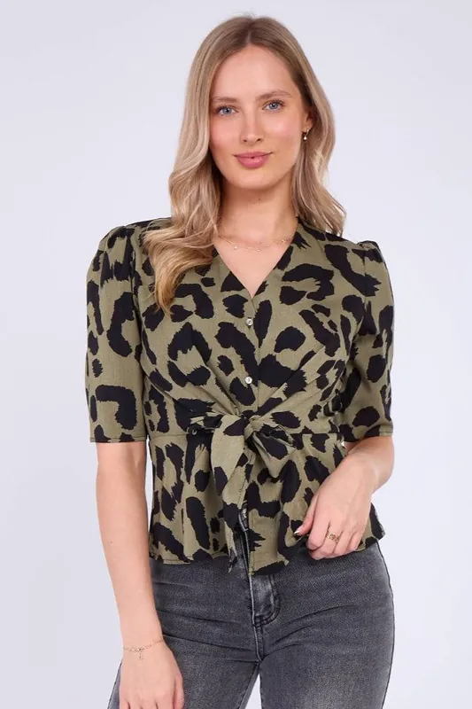 Khaki Leopard Print Short Sleeve Knotted Top - Love Sunshine