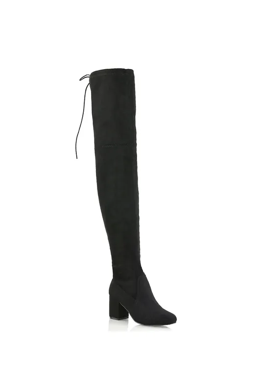 Pixie' Black Over The Knee Boots Stretch Calf Mid Block Heel - XY London